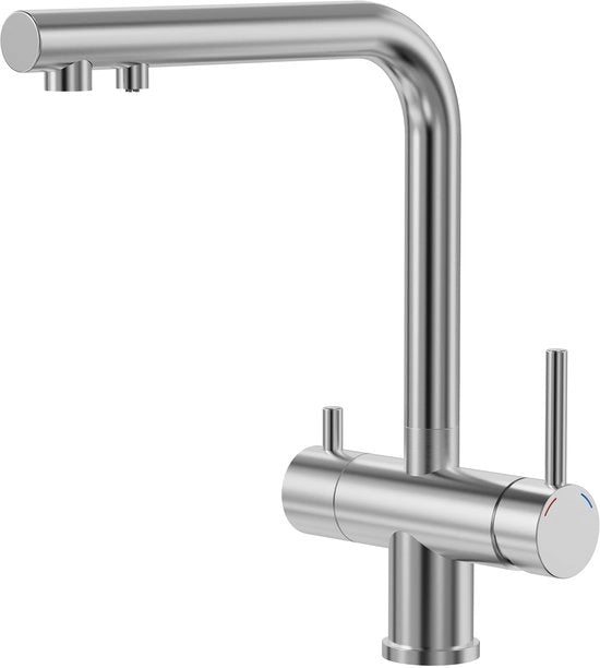Keukenkraan a tre vie, 360° rotativa, miscelatore per filtro acqua, rubinetto acqua potabile a 2 maniglie, rubinetto a tre vie in acciaio inossidabile