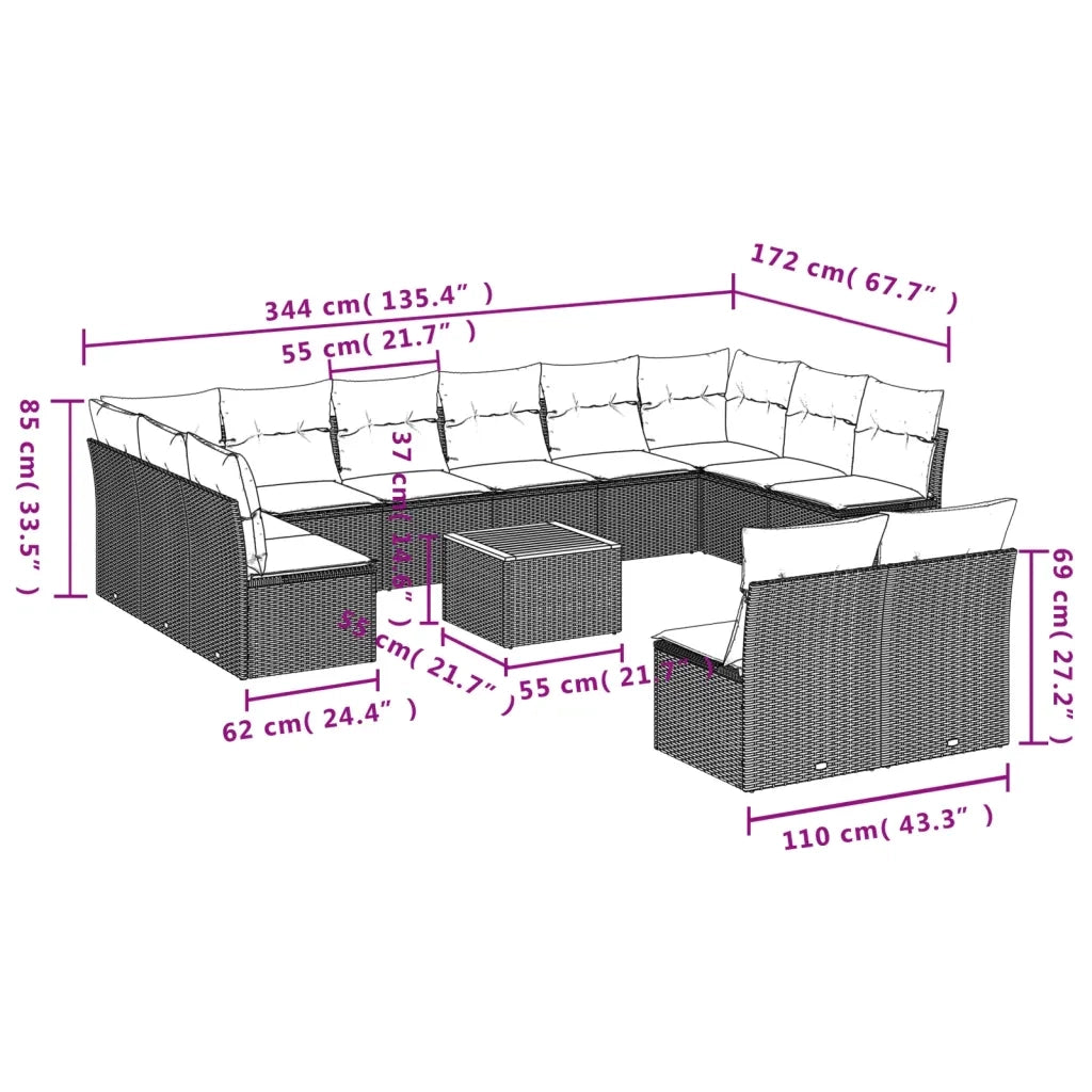 Set Divano da Giardino 13 pz con Cuscini Beige in Polyrattan 3223896