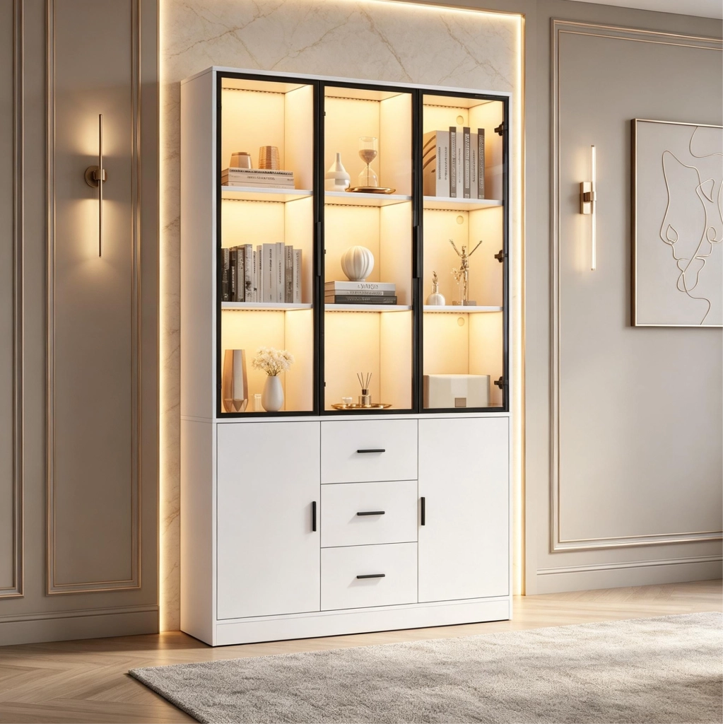 Vetrina alta 120x30x200 cm in truciolare bianco con LED RGB; 3 cassetti e 5 ante
