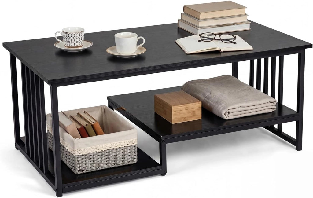 Tavolino da Caffè Rettangolare con 2 Ripiani Portaoggetti e Struttura in Metallo Resistente, Tavolo dallo Stile Moderno, Tavolino Cocktail per Soggiorno e Lounge, 110 x 60 x 45 cm (Nero)
