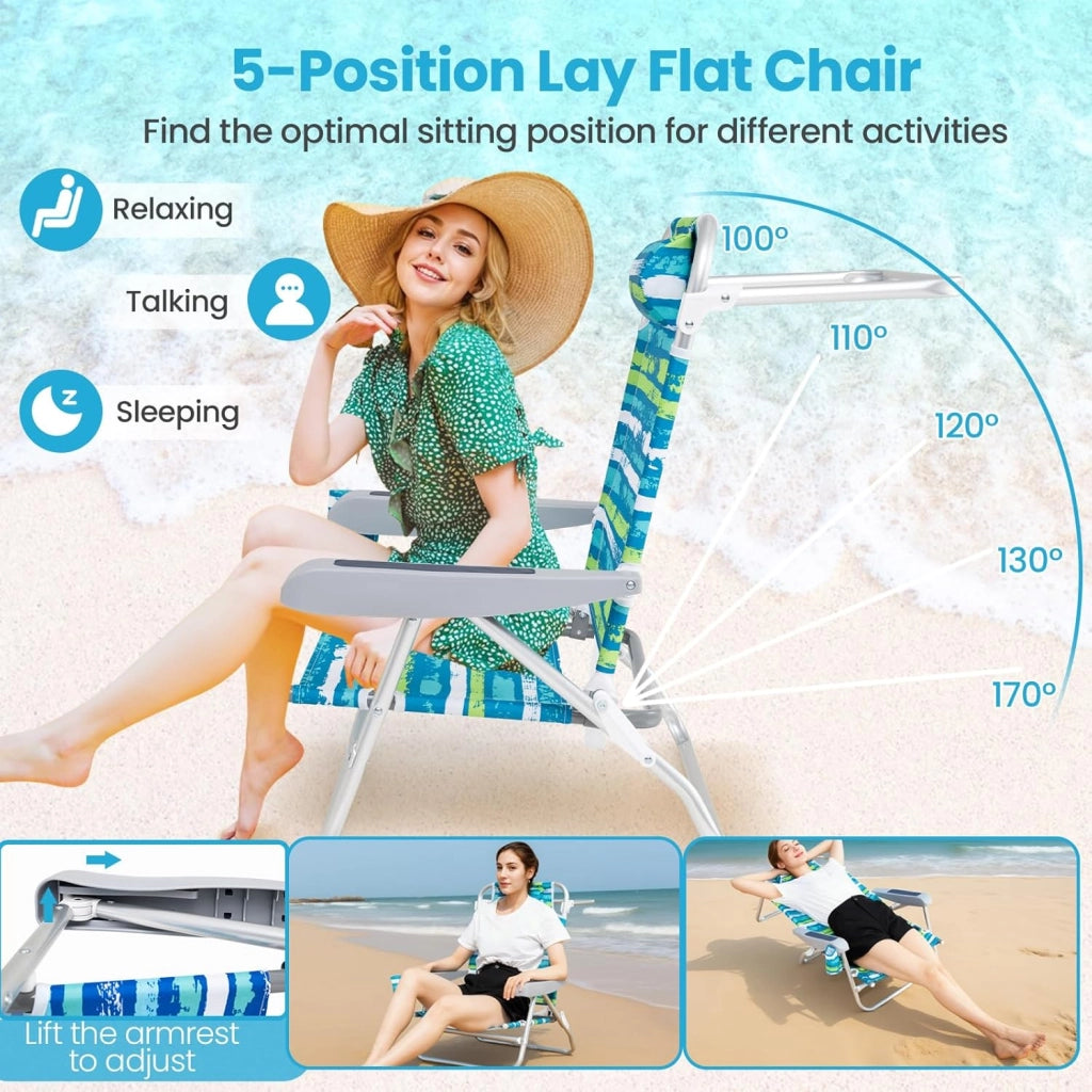 Set di 2 Sedie da Spiaggia Pieghevoli, Spiaggina con Schienale Regolabile in 5 Posizioni, Sdraio Mare con Portabicchieri e Portaasciugamani, Lettino Prendisole per Campeggio, Picnic (Verde)