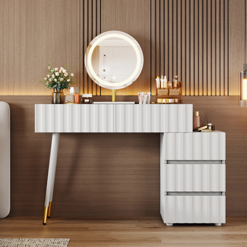 Toeletta con specchio LED e 5 cassetti; per camera da letto; in MDF; 100×40×127 cm; bianco