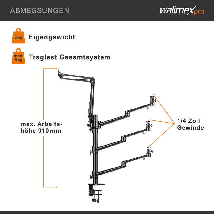 Multi Streaming Supporto da tavolo, 4 bracci articolati per fotocamere, luci LED, microfoni, morsetto di montaggio per piani 65 mm, anche per Vlogging, Videochiamate