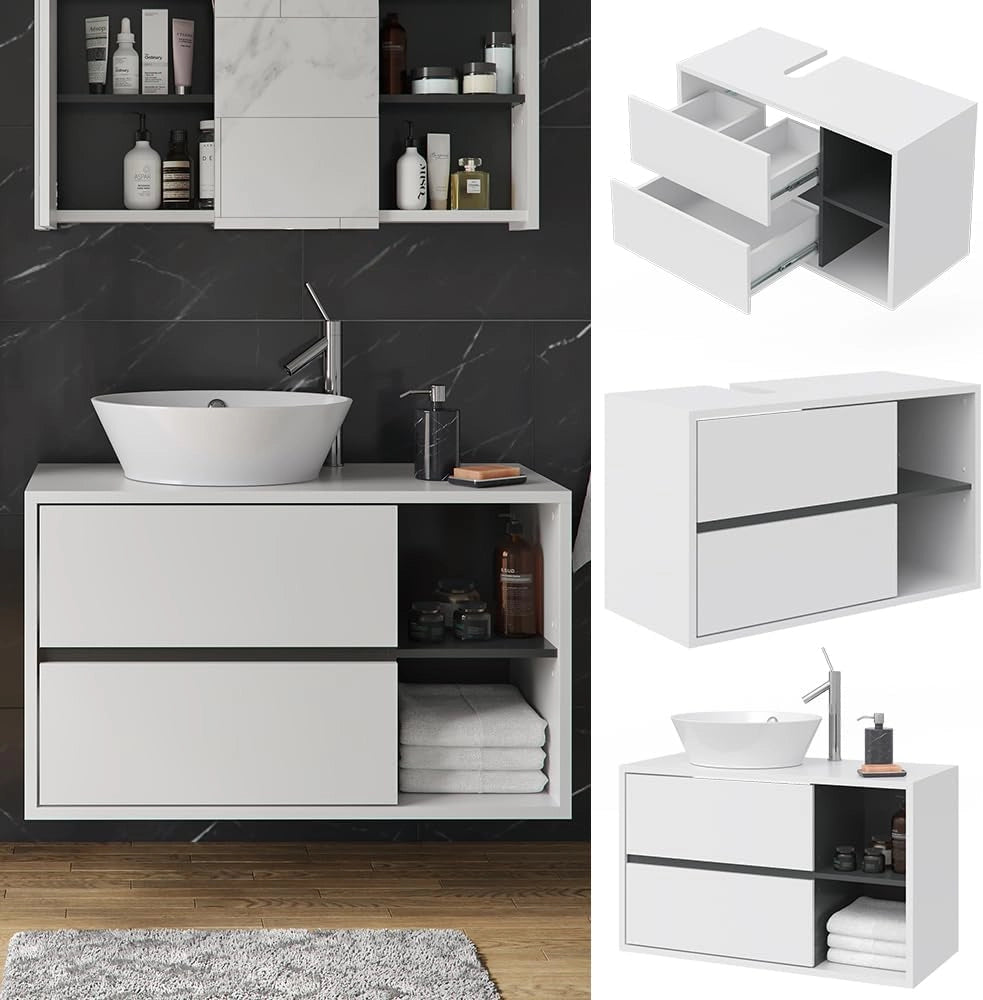 Mobile sottolavabo per bagno Viola, Bianco, 100 x 60 cm, con intaglio per sifone e ripiani aperti per montaggio a parete