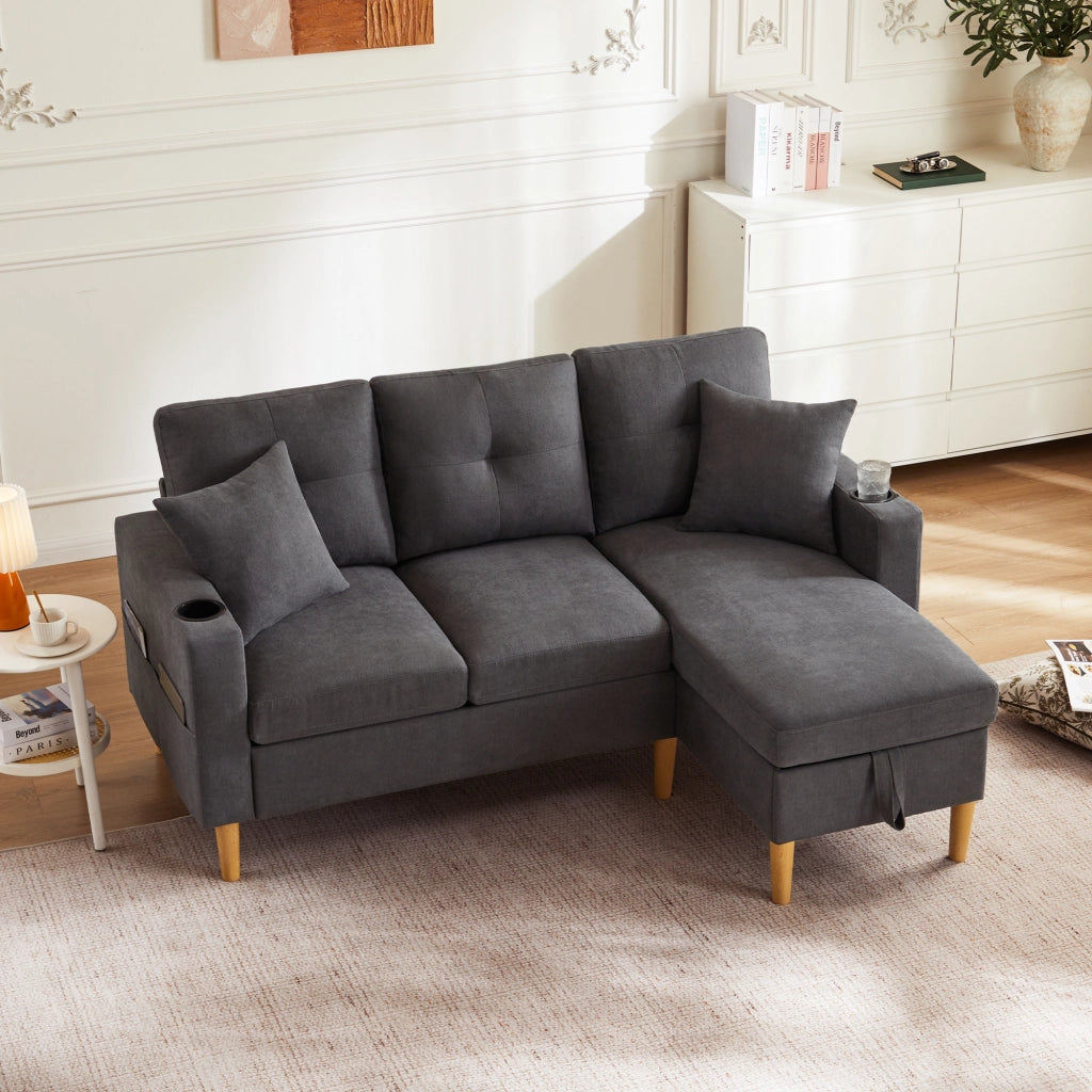 Divano moderno a L - Zephmum- 3 posti con chaise longue, contenitore e porta-bevande