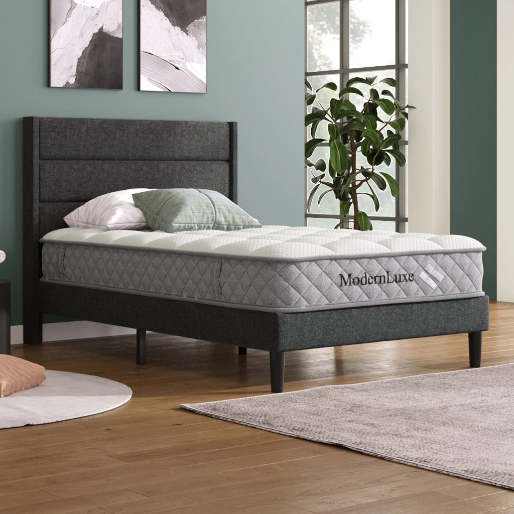 Letto singolo imbottito – 90x200 cm – rete testiera design moderno – lino grigio