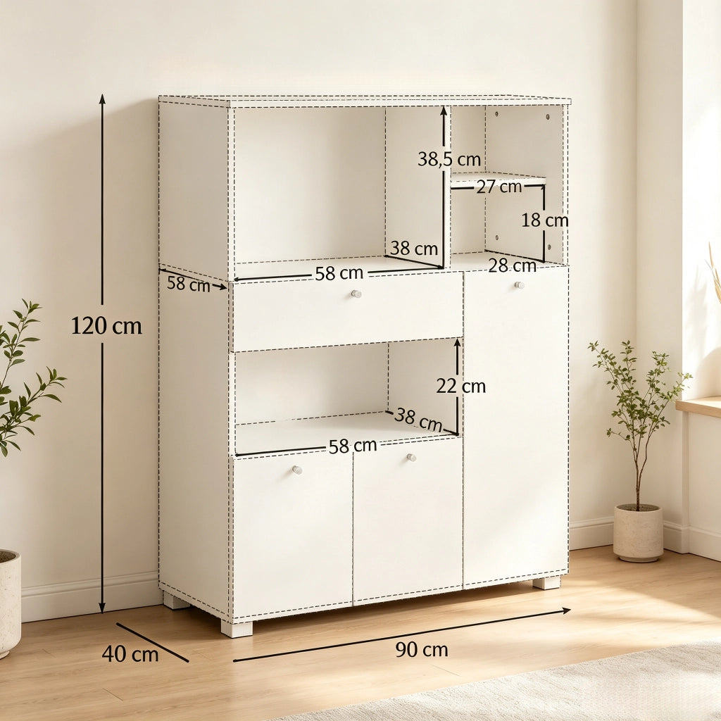 Mobile contenitore da cucina con 2 ante; 4 nicchie; cassetto estraibile; per cucina e soggiorno; 90 × 40 × 120 cm