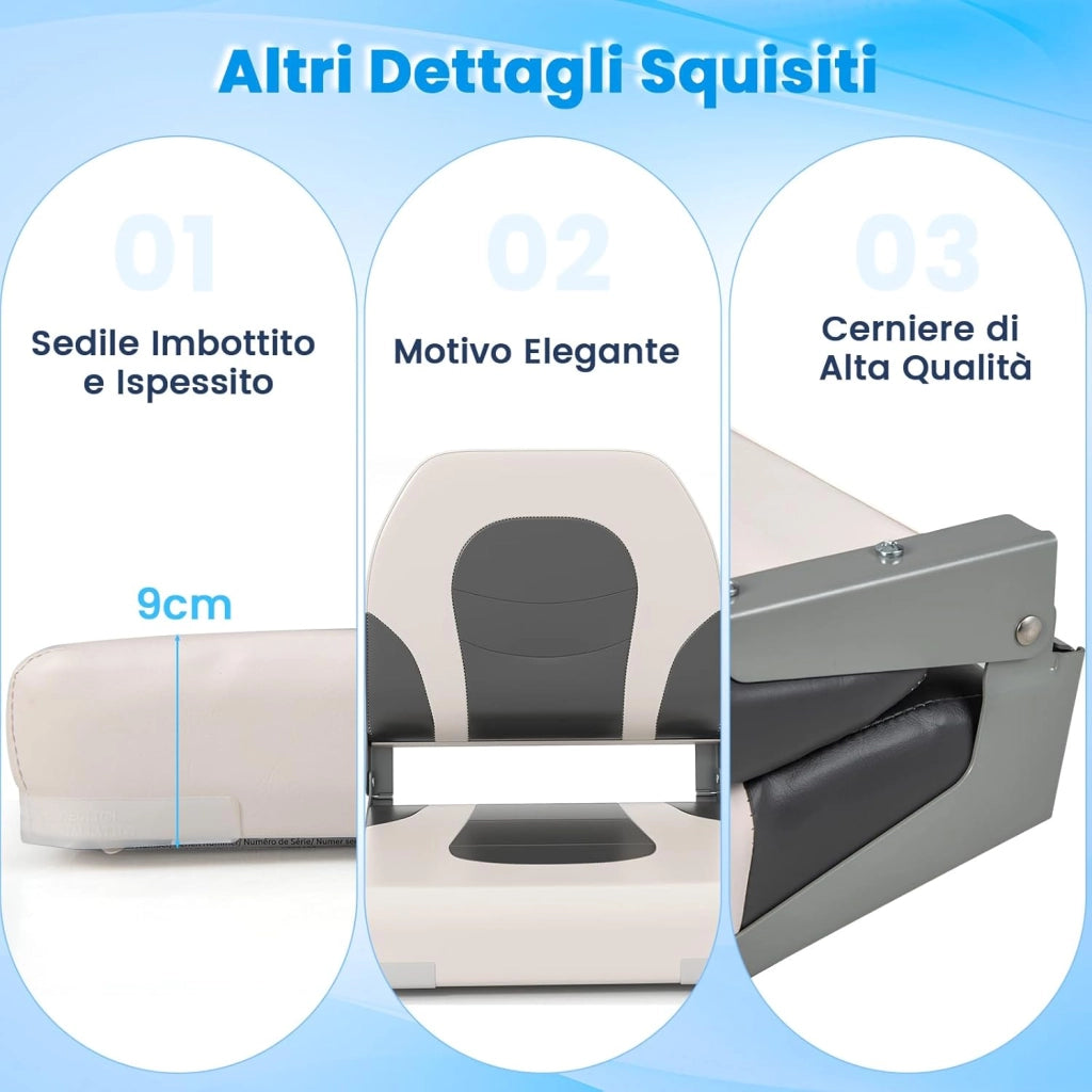 Set di 2 Sedie da Barca, Sedili da Barca Pieghevole Morbide Imbottite Spesse, Sedile Nautica Ergonomico per Imbarcazioni da Pesca, 51 x 42 x 49 cm, Bianco e Girigio