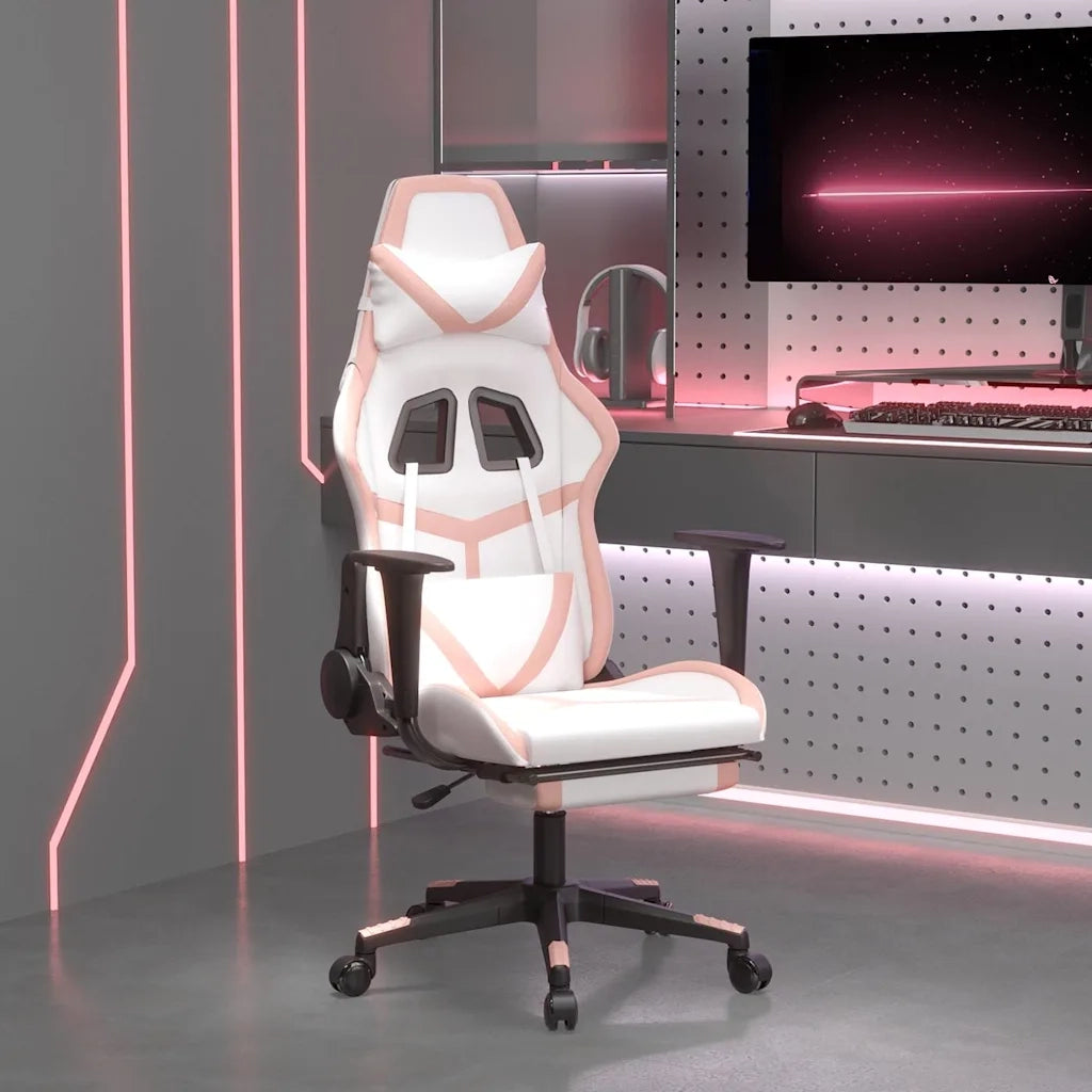 Sedia da Gaming Massaggio Poggiapiedi Bianco e Rosa Similpelle cod mxl 58632