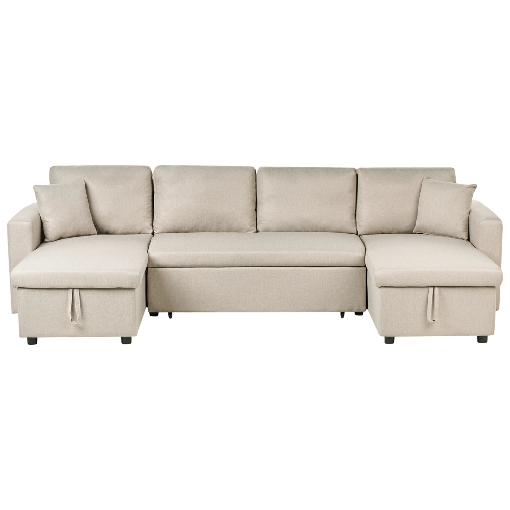 Divano letto ad angolo con rivestimento in tessuto beige a 5 posti a forma di U con contenitore