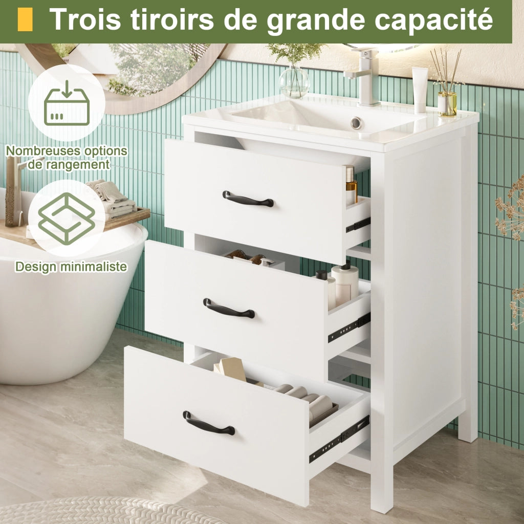 Mobile lavabo con 3 cassetti; lavabo in ceramica integrato; per bagno; bianco; 61 × 47 × 83 cm