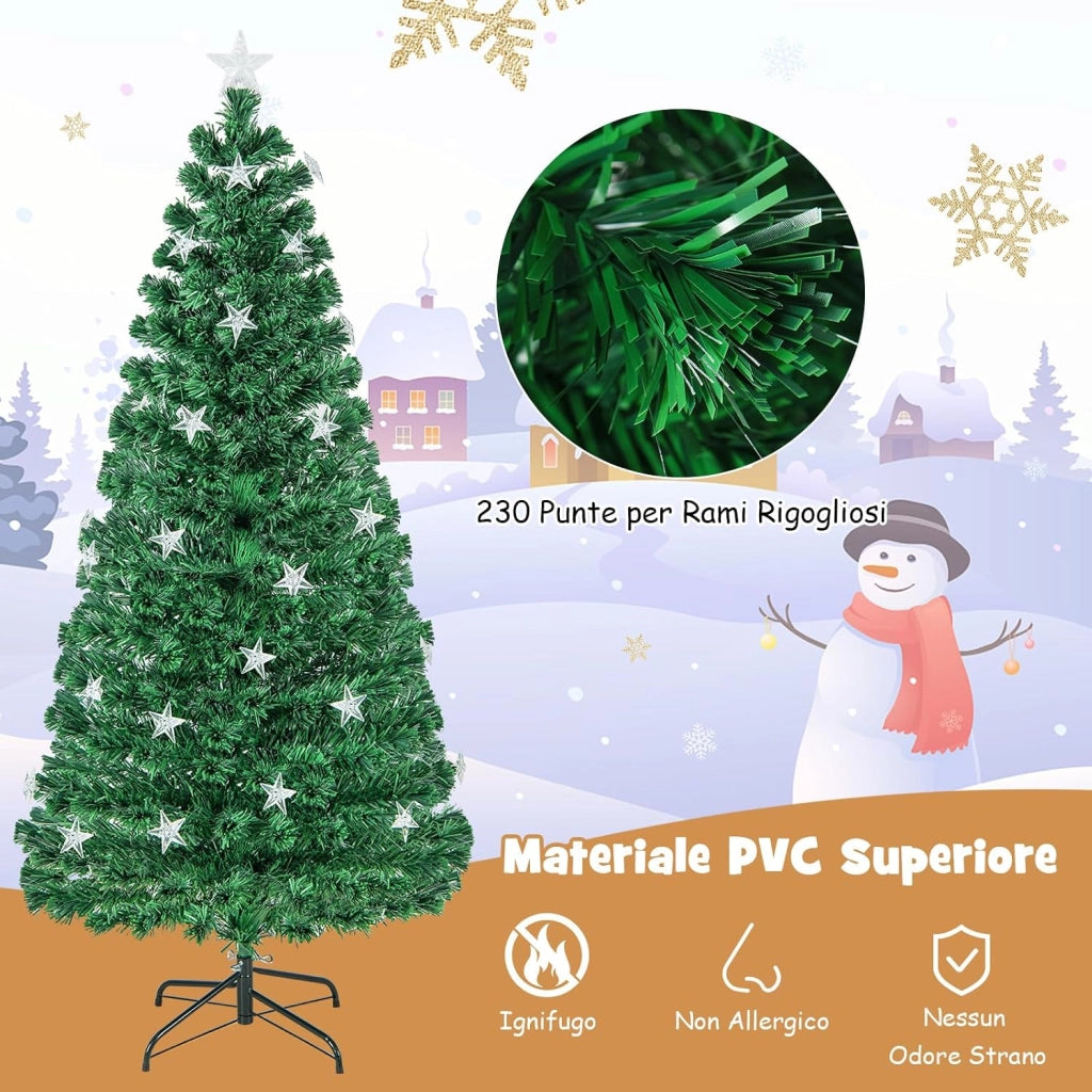 Albero di Natale 150/180 cm Pre-Illuminato, Albero di Natale Artificiale con 180/230 Punte di Ramo, 21/30 Luci a Stella Bianca Calda, Fibra Ottica e 8 Modalità di Illuminazione (150 cm)