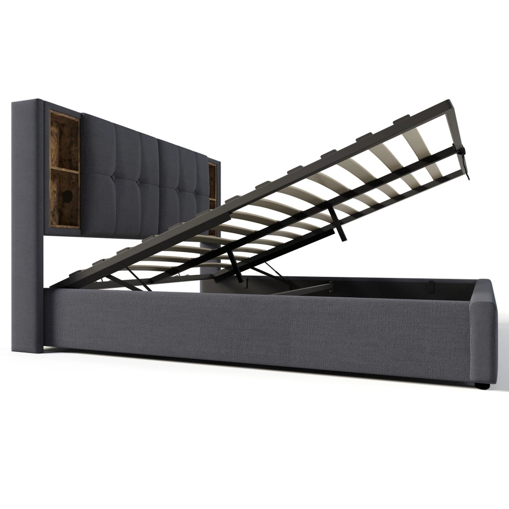 Letti contenitori 180x200 cm; ricarica wireless e USB; cotone grigio (Senza materasso)