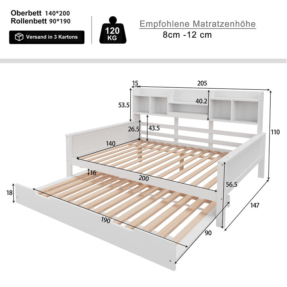 Divano letto estendibile 140x200cm - Xylo - bianco, scomparto, doghe