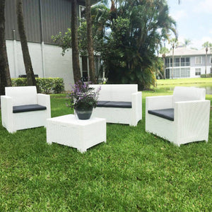 Set Salotto da Giardino Divano 2 Poltrone e Tavolino con Cuscini in Plastica Bianco