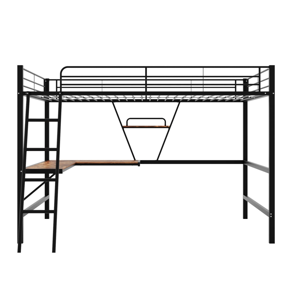 Letto a soppalco 90x200 cm con scrivania a L e mensola; metallo e MDF; nero