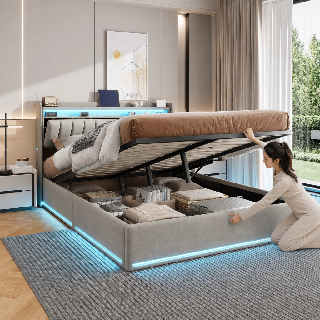 Letto matrimoniale con contenitore idraulico 160x200 cm, velluto grigio, testiera con vani, LED RGB, porte USB‑C e USB