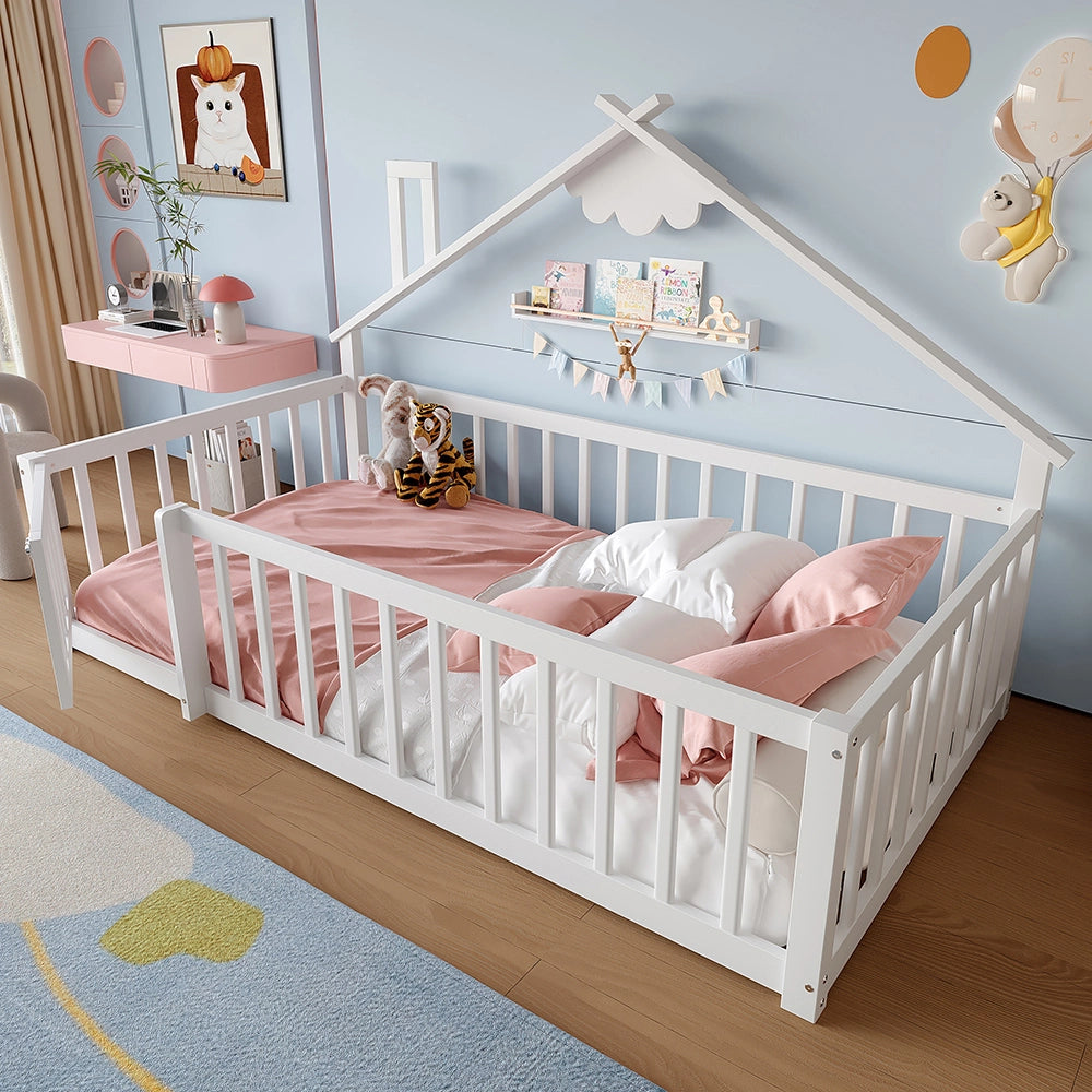 Letto bambino-Xylo-90x190 cm-bordo, barriera con serratura, pino, bianco