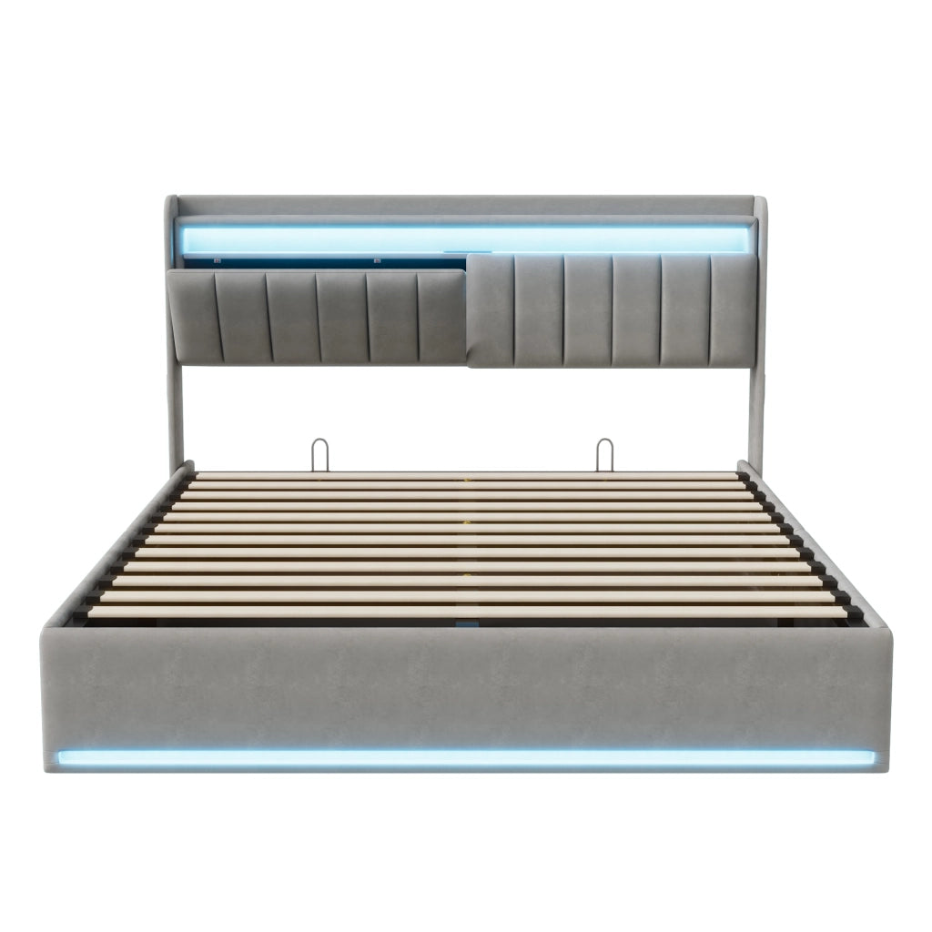 Letto matrimoniale 160x200 con contenitore; letto matrimoniale contenitore con testiera LED; struttura letto matrimoniale imbottita in velluto grigio
