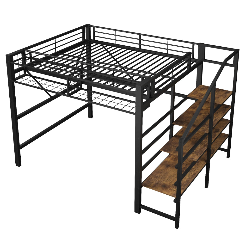Letto a soppalco 140x200 cm con scaffale a gradini, vano aperto, cestello contenitore e LED, nero