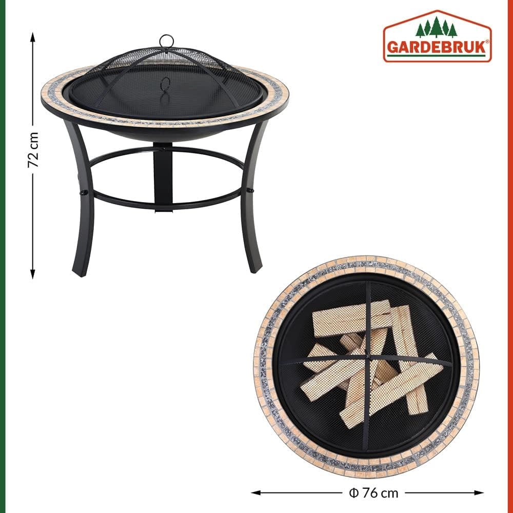 ® Braciere Rotondo Fuego da Esterno Mosaico 76x76cm Parascintille Camino da Giardino Stufa Caminetto Patio