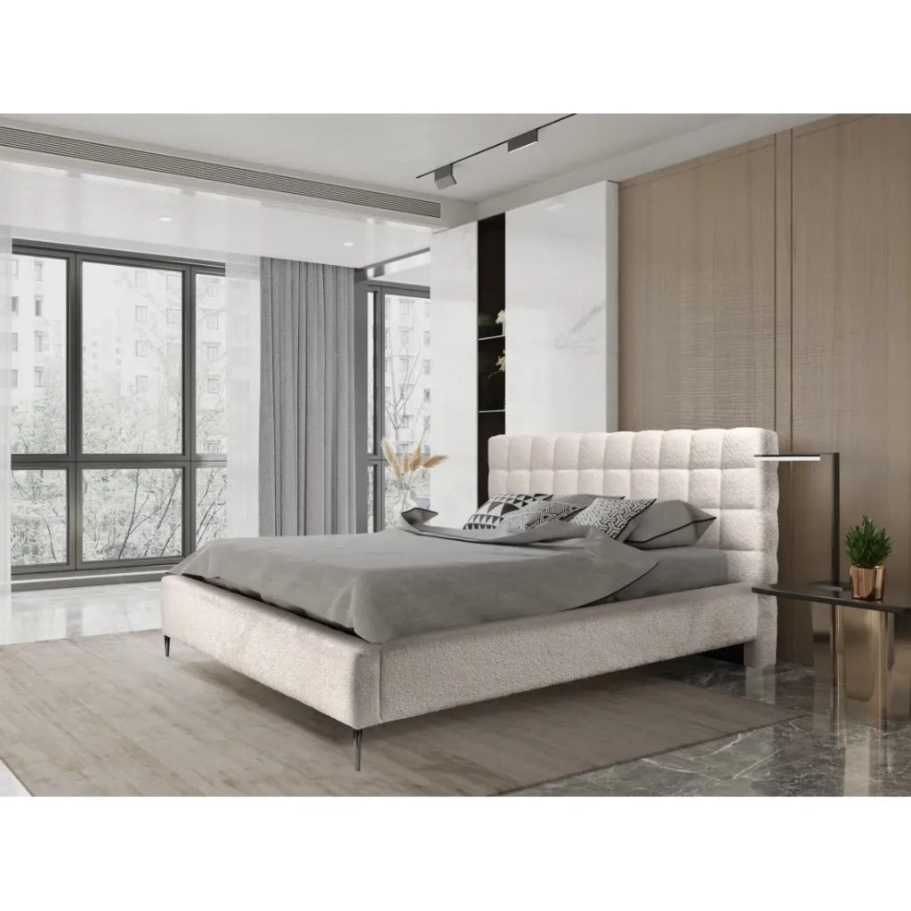 Letto MILLIO – Crema – 140x200 cm – Tessuto bouclé di ciniglia – Rete inclusa – Comfort hotel 5 stelle