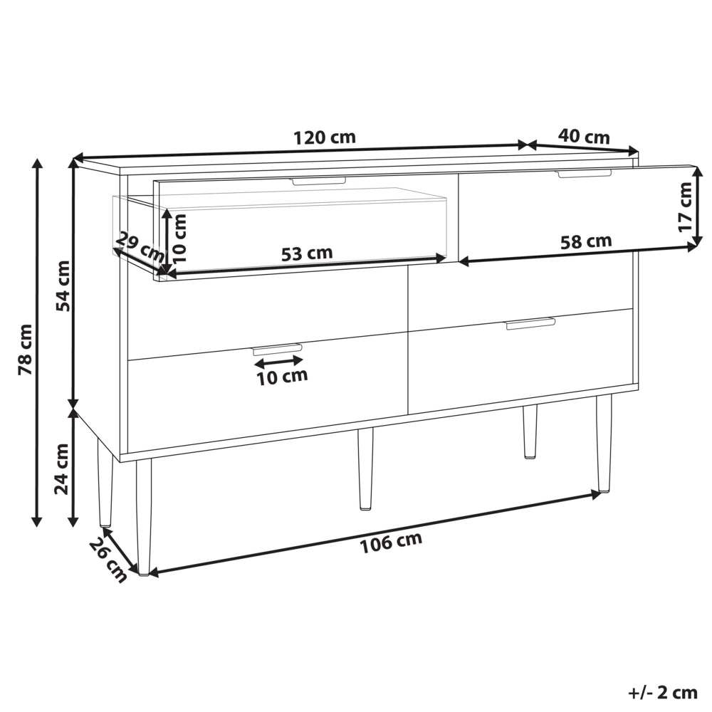 Cassettiera in MDF bianco 2 cassetti Gambe in metallo e maniglie stile classico