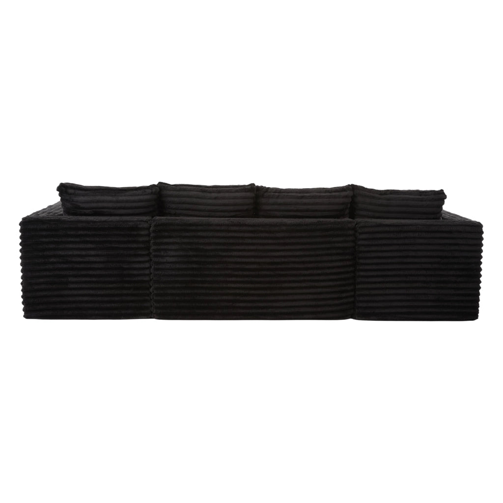 Divano modulare a U con portabicchieri e tasche laterali in velluto a coste nero con 4 cuscini 320 × 155 × 88 cm