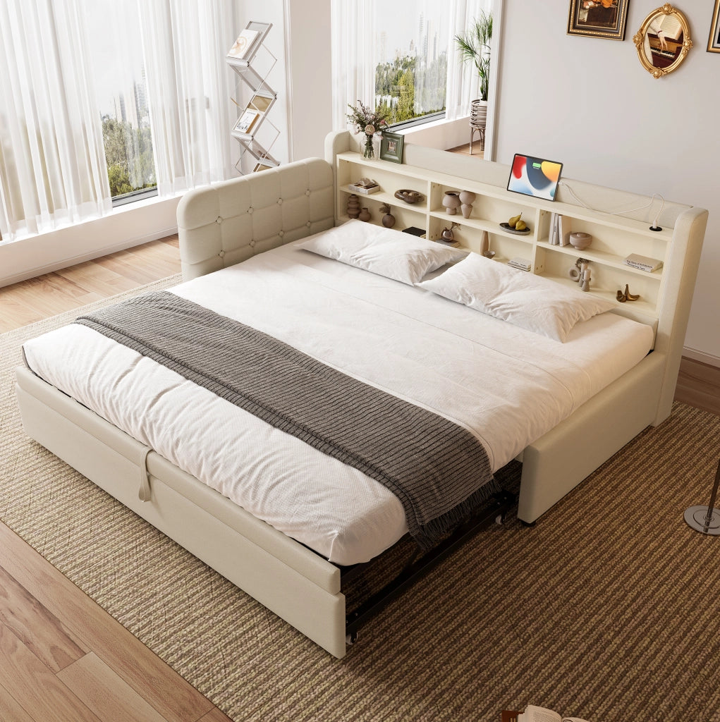 Letto estraibile 90x200 cm con USB/Type-C e ripiani beige