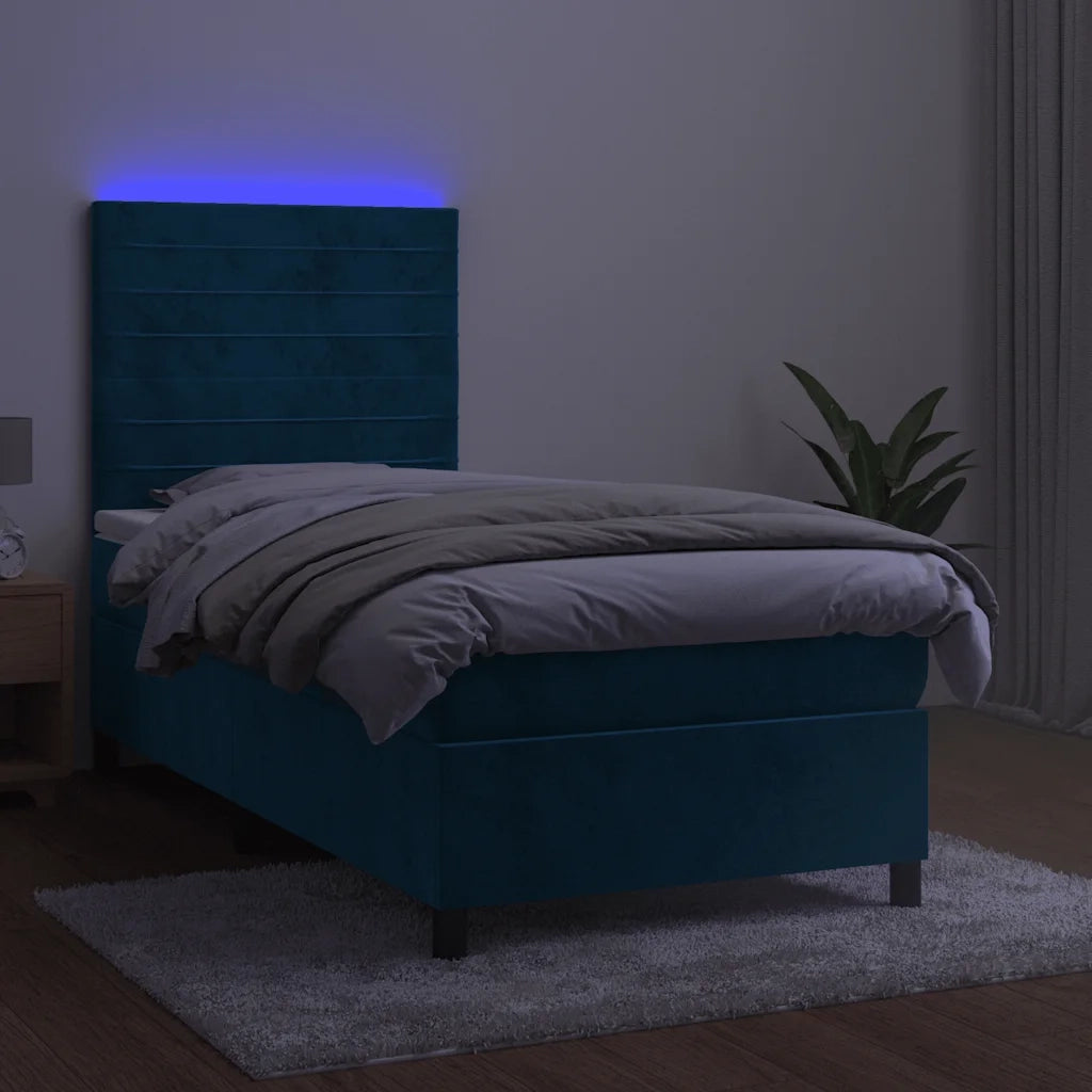 Letto a Molle con Materasso e LED Blu Scuro 100x200 cm