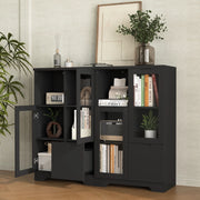 OKWISH Credenza Contenitore con 2 Ante in Vetro, 2 Ripiani Regolabili e 2 Vani Aperti, per Soggiorno, MDF, Nero
