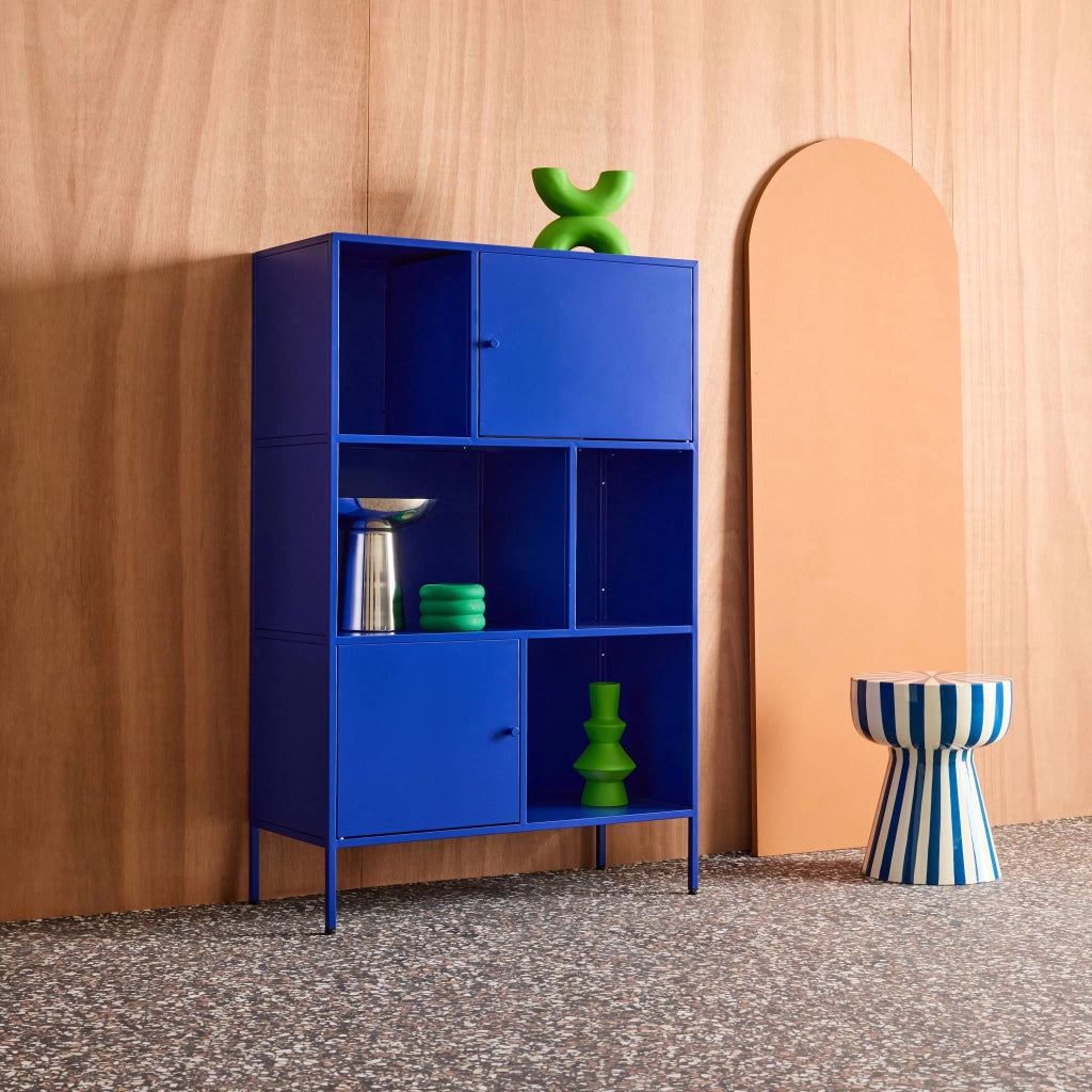 Credenza industriale in metallo con 6 scomparti, blu