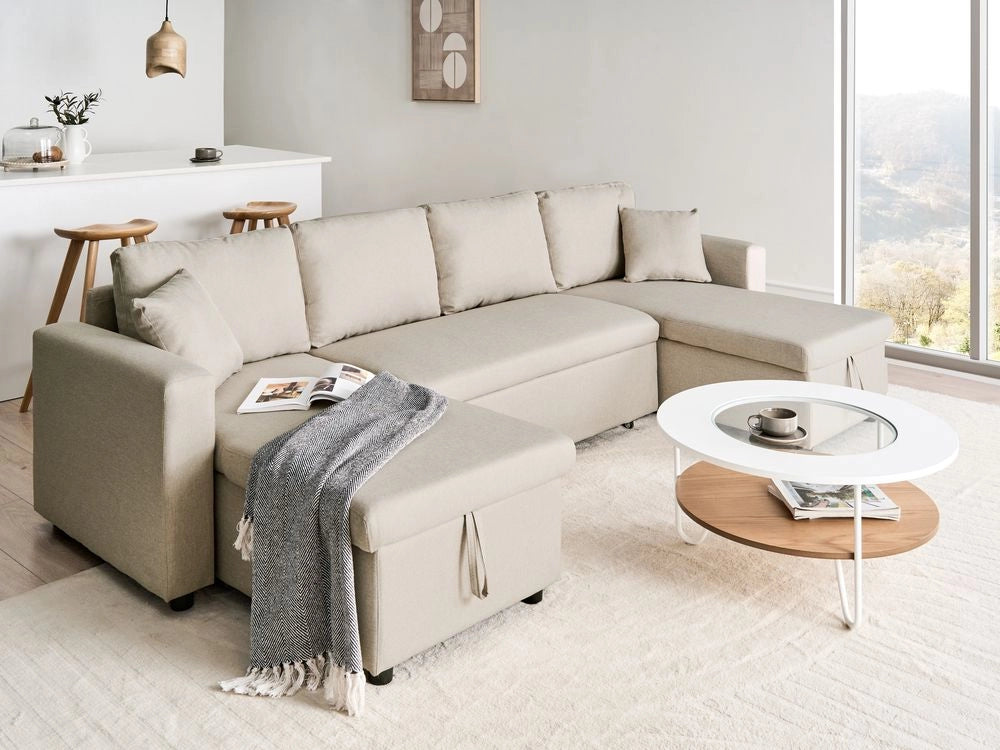 Divano letto ad angolo con rivestimento in tessuto beige a 5 posti a forma di U con contenitore