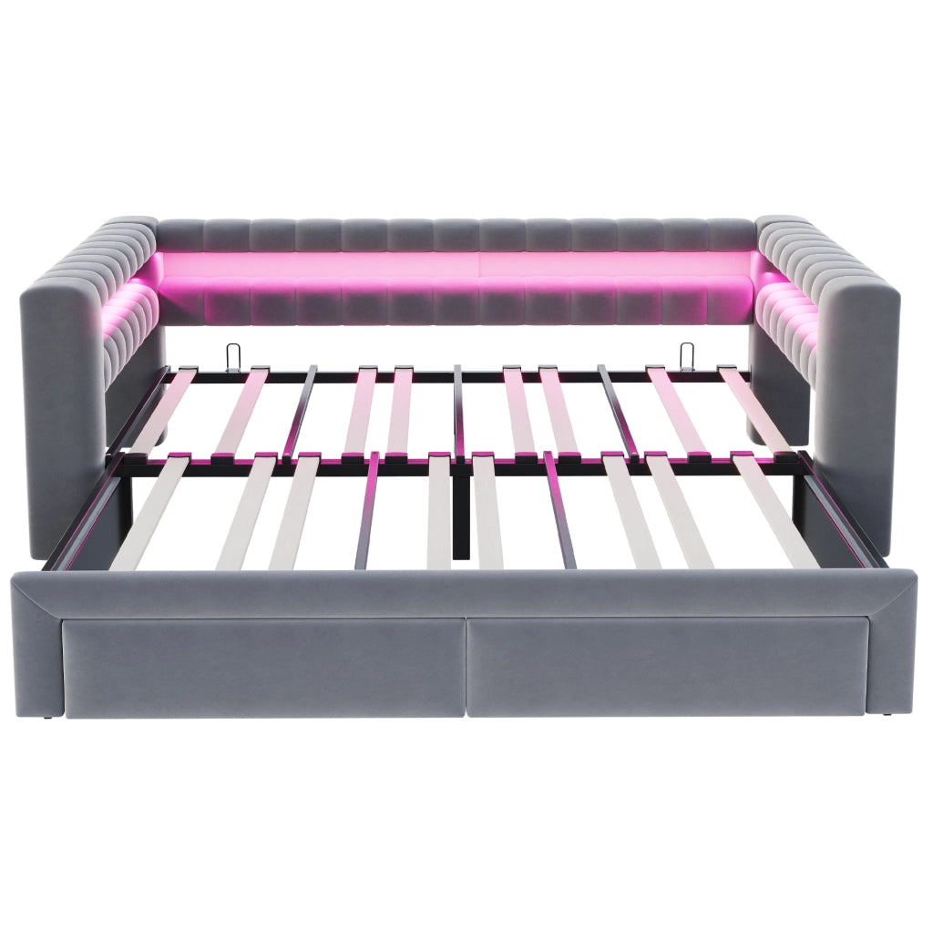 Divano letto multifunzione 90x190 cm estraibile; con cassetti; LED; USB; in velluto grigio