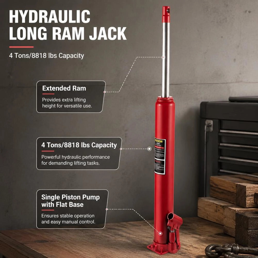 Hydraulic Long Pile Driver, 4 T Lifting Capacity, With Single Piston Pump And Flat Base, Manual Aerial Work Platform Jack With Handle, For Garage/shop Cranes, Engine Lifting Device, Red