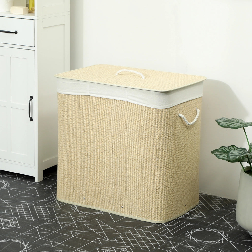 Cesto Portabiancheria 60x40x60 cm con Coperchio 3 Scomparti 144L con Sacca Removibile e Lavabile in Bambù Crema