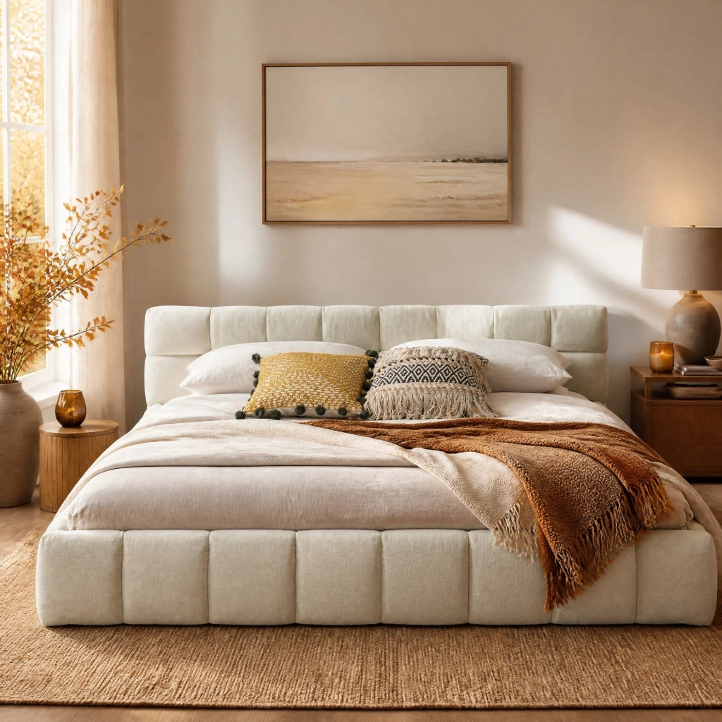 Letto matrimoniale imbottito 160x200 cm in chenille beige con struttura in legno di eucalipto e ferro