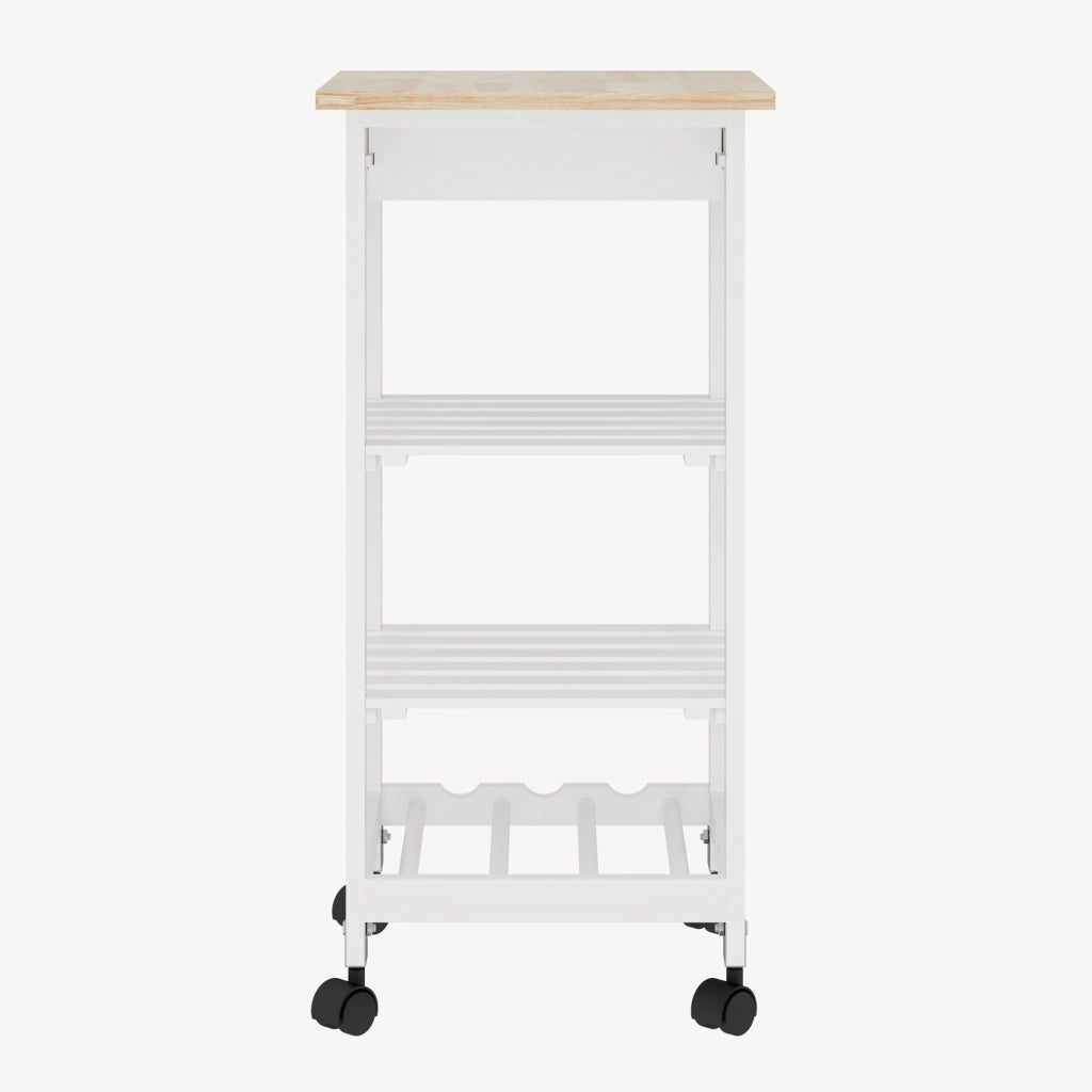 Carrello Portaoggetti Biel con Cassetto 3 Ripiani e Griglia Portabottiglie 76x37x37 cm - Bianco / Effetto Legno [en.casa]