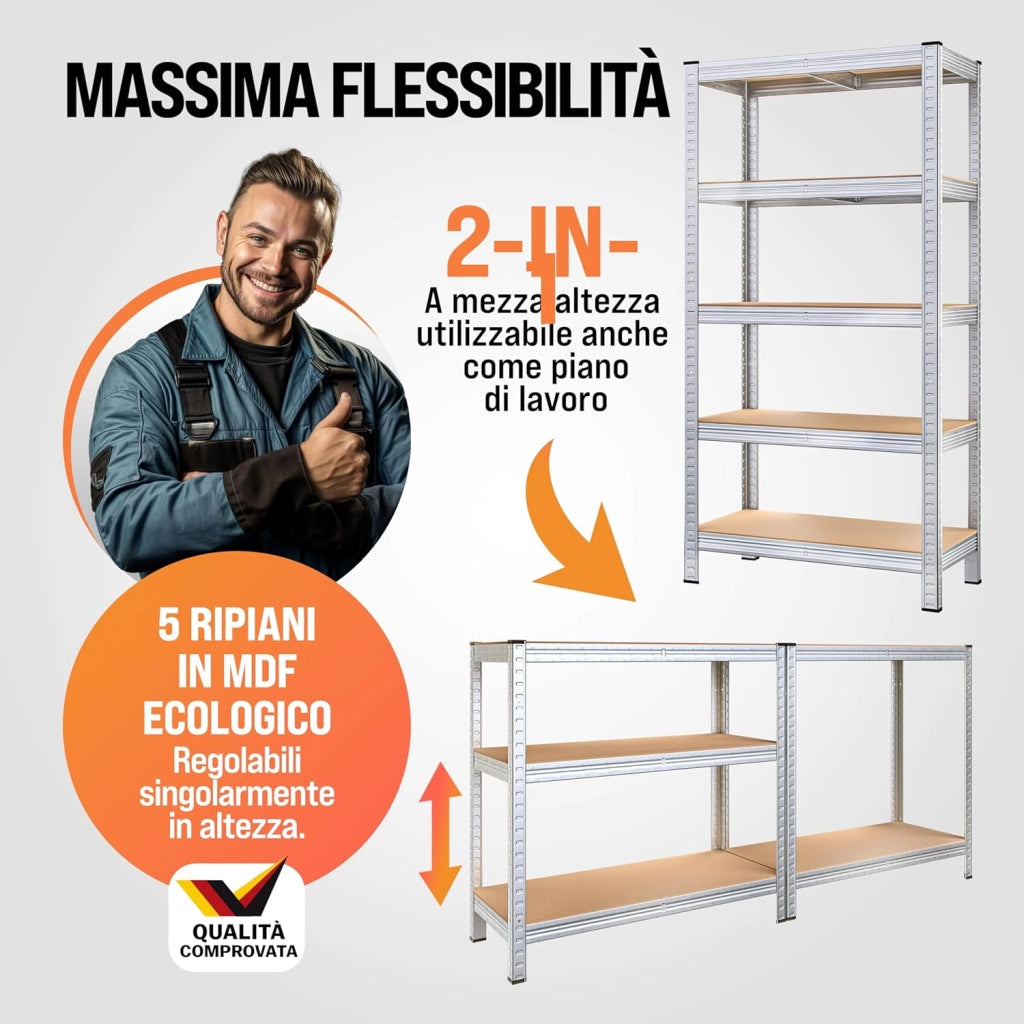 Scaffale ad alta portata 2pz in metallo capacità di carico totale 875kg 180x90x60cm 5 ripiani