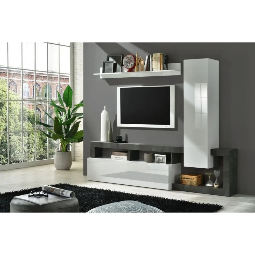 Set di mobili da soggiorno con contenitori 220 cm, collezione BURA, bianco lucido/grigio antracite