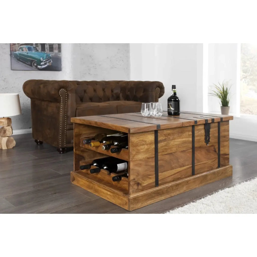 Tavolino da salotto baule TRESORO 100 cm in legno massello di Sheesham con porta bottiglie