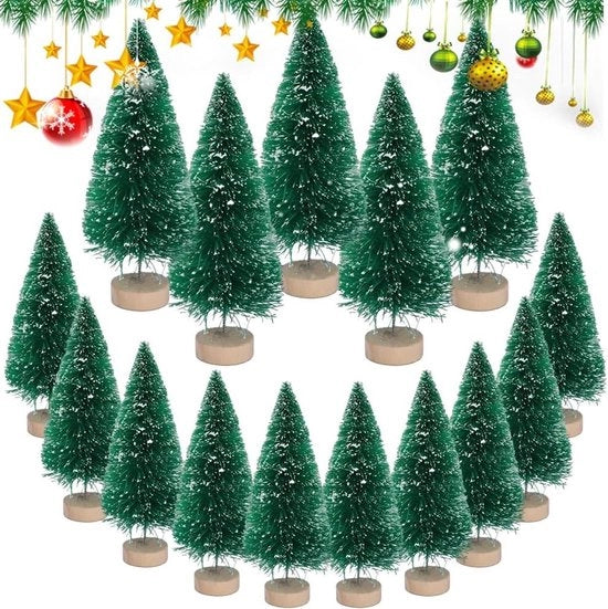 15 Pezzi Mini Albero di Natale Kunstificato Mini Abete con Piede in Legno Albero di Natale Verde Piccolo con Effetto Neve per Festa di Natale Decorazione da Tavola DIY