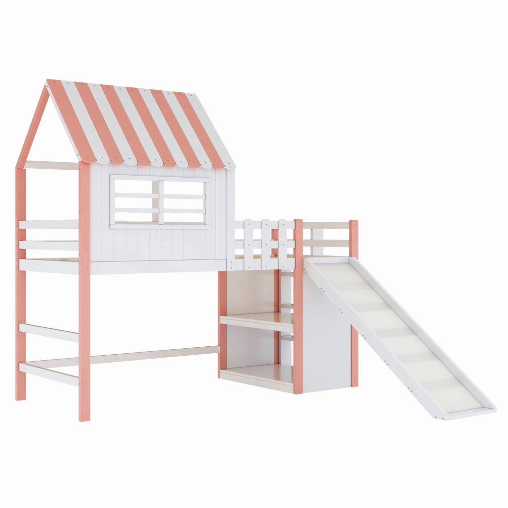 Letto a soppalco 90x200 cm con scivolo e scala in legno e MDF rosa