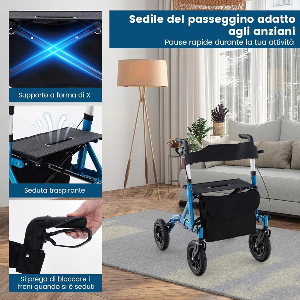 Deambulatore con Seduta 2 in 1, Rollator Pieghevole per Anziani con 4 Ruote, Maniglie Regolabili in Altezza 81-94cm, Portaombrelloni e Borsa Portaoggetti, Carico Massimo 160 kg (Blu)