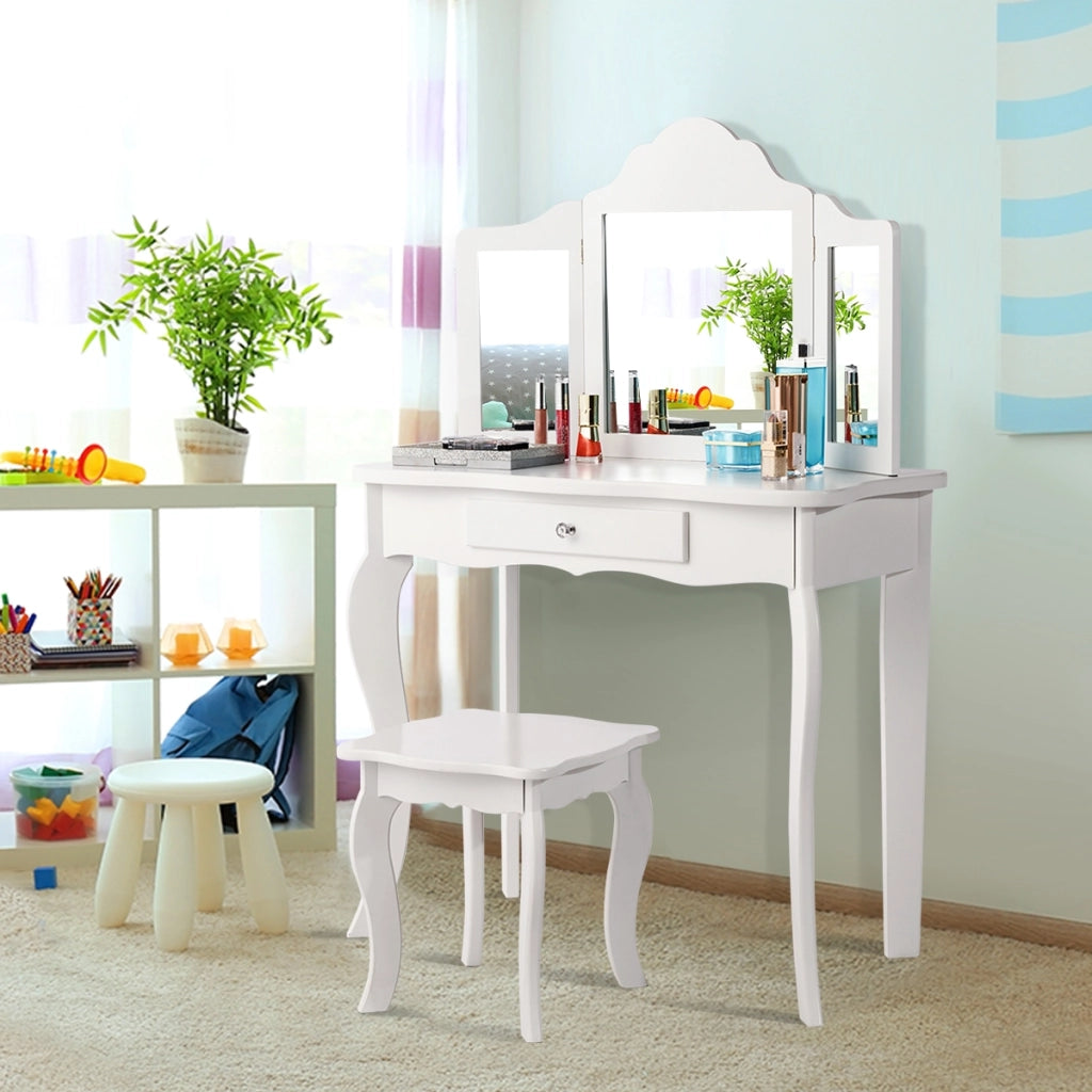 Set toeletta per bambini, Tavolo toeletta principessa con sgabello specchio pieghevole, Bianco-Toelette per bimbi