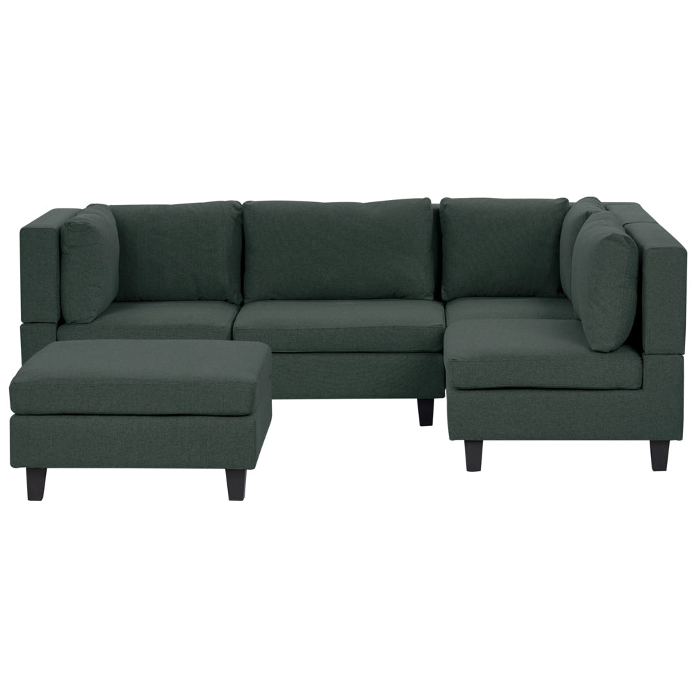 Divano componibile a 4 posti imbottito in tessuto verde scuro gambe nere lato sinistro con ottomana stile moderno