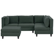 Divano componibile a 4 posti imbottito in tessuto verde scuro gambe nere lato sinistro con ottomana stile moderno