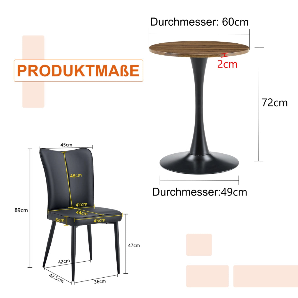 Set tavolo e sedie con 1 tavolo rotondo e 2 sedie; base centrale stabile; in MDF; metallo e PU nero e noce