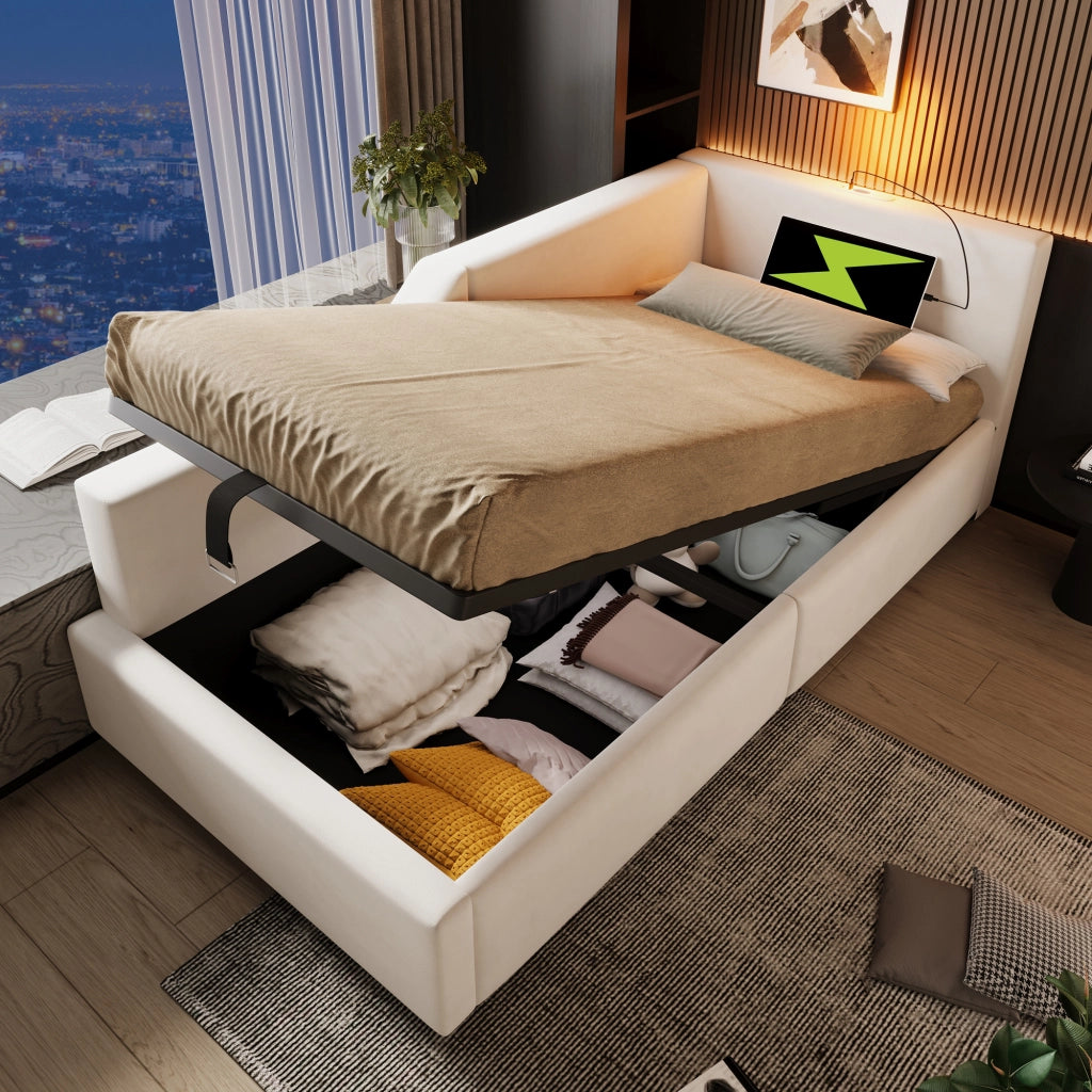 LETTO Daybed 90x200 cm in velluto beige con stoccaggio idraulico, lampada e USB-C