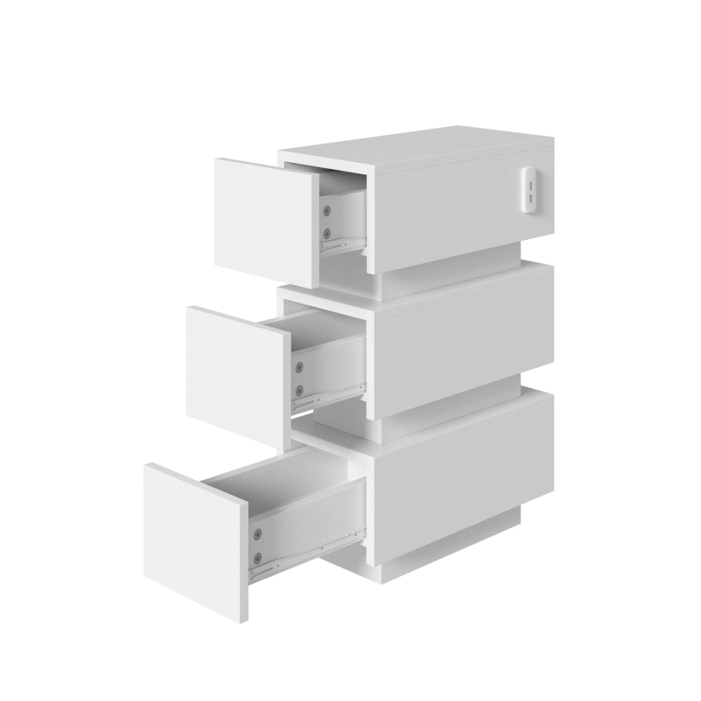 Set di 2 comodini stretti con LED; USB e Type-C; 3 cassetti; 20x40x59;5 cm; bianco
